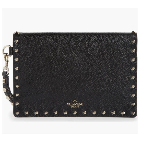 Valentino Garavani Envelope Rockstud Pouch Women's M Black Leather Snap Strap - Picture 2 of 3